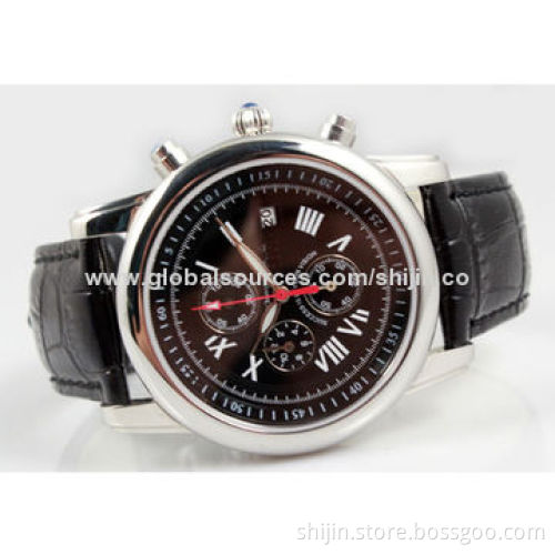 Stainless Steel Business Watch with Genuine Leather Band, Chronograph, Date, OEM, Made in China